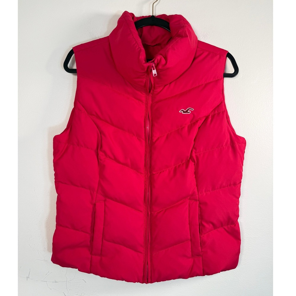 Hollister Down Puffer Vest Women L Deep Pink Chevron Quilted Full Zip High Neck